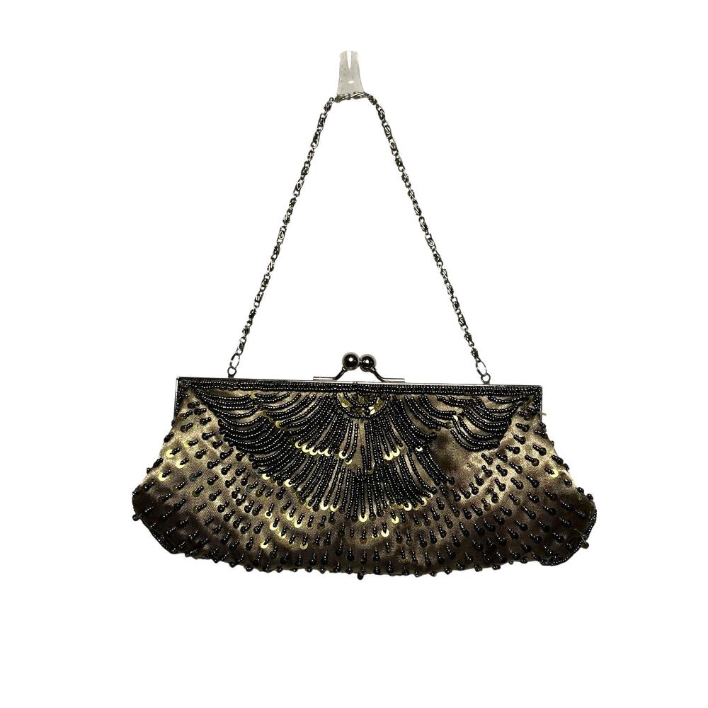 VTG Y2K Moni Couture Green Beaded Sequin Convertible Chain Clutch Evening Bag